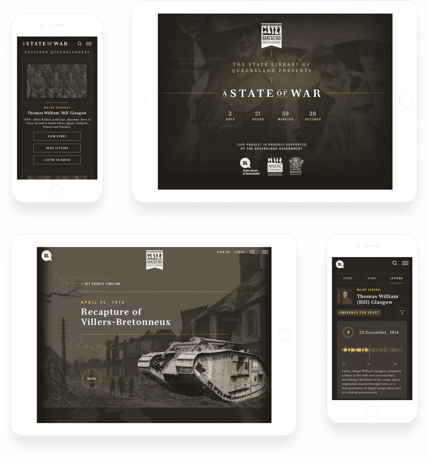A State of War Site displayed on multiple devices