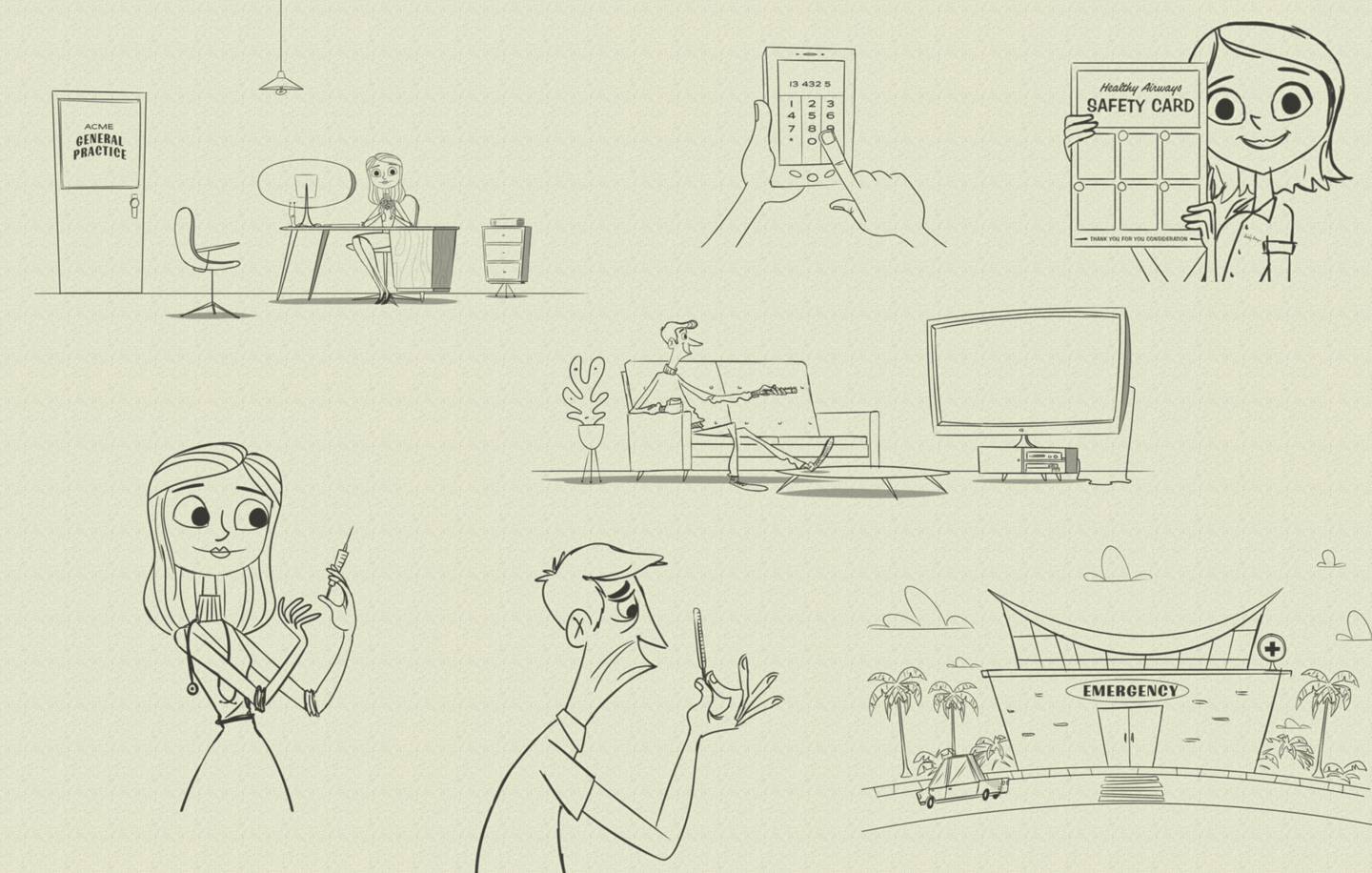 Storyboard sketches for the Metro South Health Flu Prevention Video
